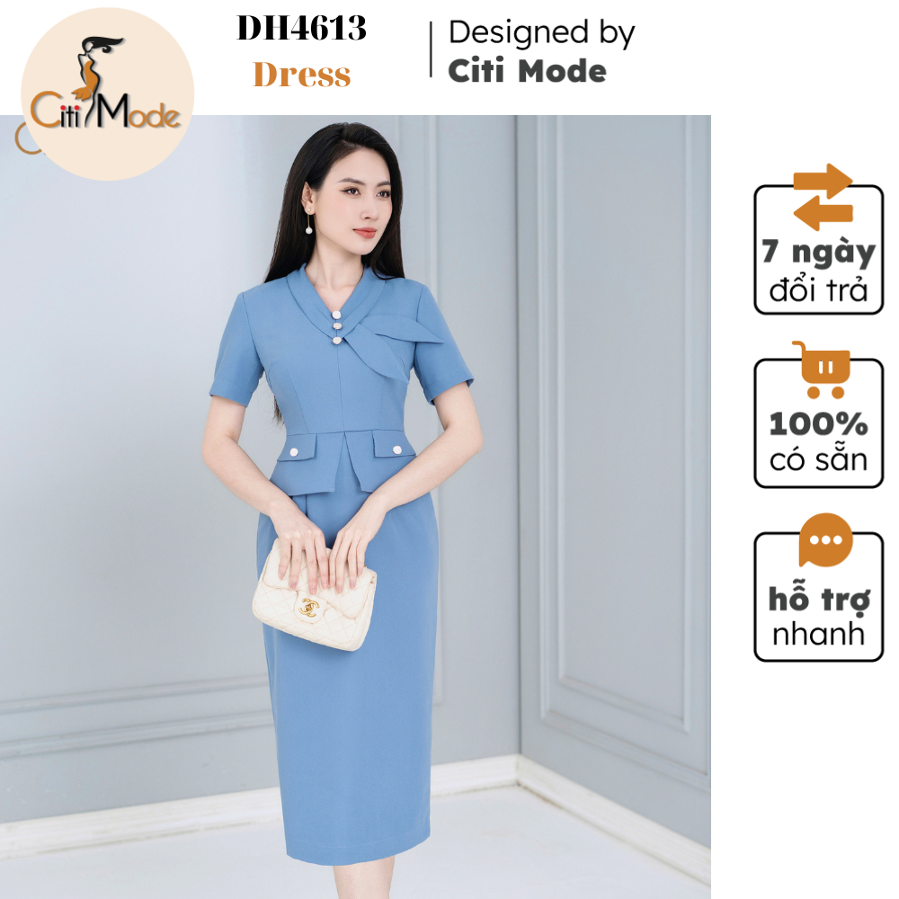 Đầm công sở CITI MODE FASHION thiết kế dáng ôm peplum xanh cổ V cách điệu DH4613