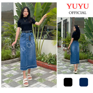 Chân váy jean nữ dài YUYU dáng chữ A, chân váy dài tua gấu cạp cao tôn dáng phong cách hàn quốc D9