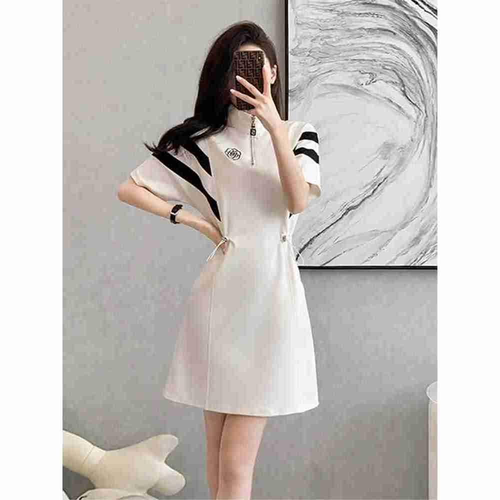 Váy suông polo phối khóa có dây rút eo, váy thun suông tay cánh dơi, đầm thun suông thiết kế trẻ trung, đầm xinh