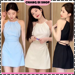 Đầm đi biển hai dây maxi hở lưng cổ yếm suông, Váy khoét lưng dáng ngắn tiểu thư siêu xinh cho các nàng đón hè