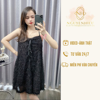 [Ảnh thật] [Hàng sẵn] Váy tua rua lông 2 dây 2 lớp sang chảnh
