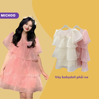 Váy Babydoll Tầng Phối Nơ MICHOO Công Chúa Chất Voan Tơ