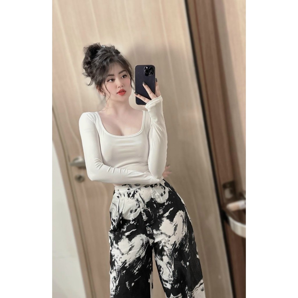 [4.4 Sales Freeship] Set áo thun tay dài cổ vuông croptop mix quần dài lụa ống rộng in hoạ tiết cá tính mtb