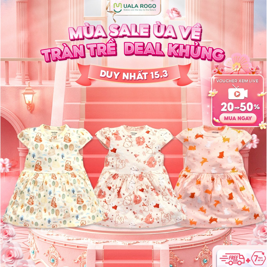 Váy bé gái Ualarogo từ 6 tháng - 4 tuổi vải Peony Petit thấm hút co giãn mềm mại 2311