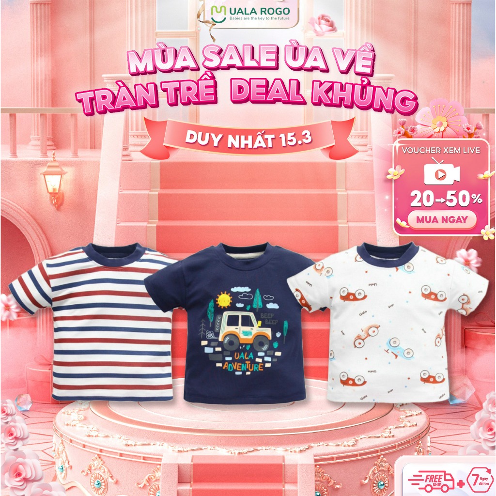 Áo cộc tay cho bé Set 3 chiếc Ualarogo 9 tháng - 4 tuổi vải Petit co giãn thấm hút thoáng mát mềm mại 2310