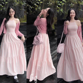 Đầm váy maxi nữ cổ yếm mocking dáng dài kèm khoác ngoài màu xanh và hồng pastel đi biển siêu xinh
