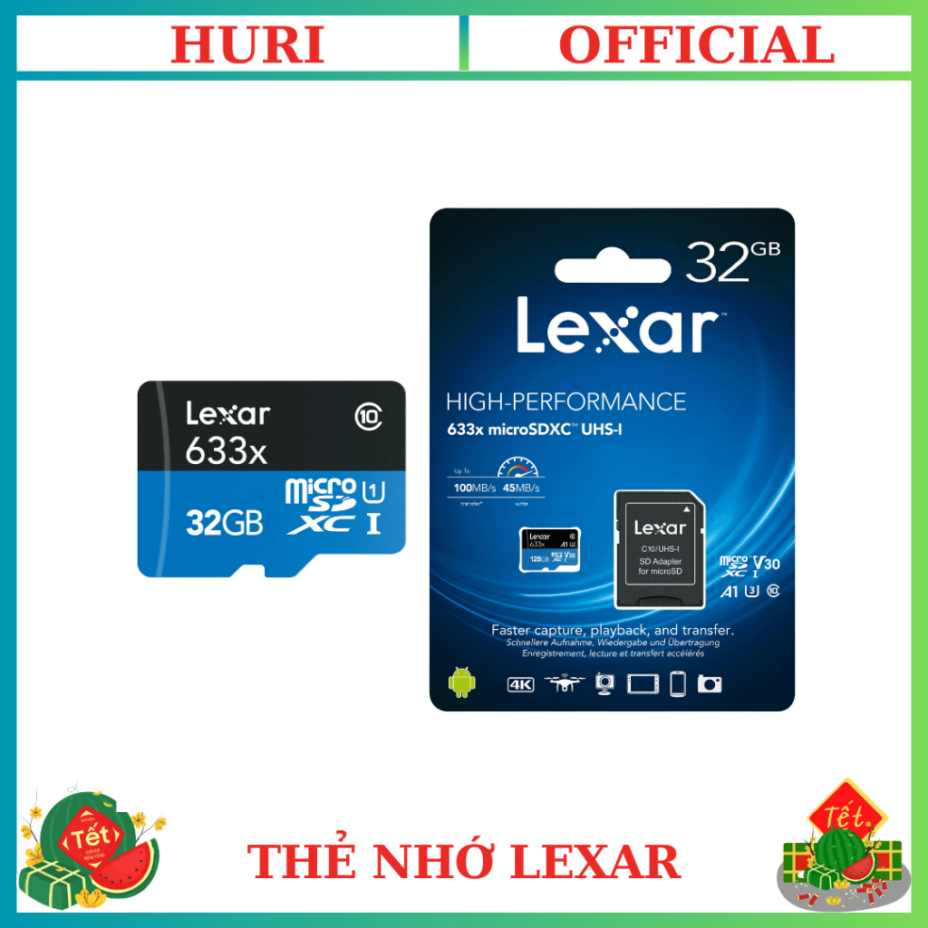 Thẻ nhớ MicroSD Lexar 32GB/ 64GB/128GB class 10 UHS-I - tốc độ100MB/s, dùng cho camera, máy ảnh, máy quay