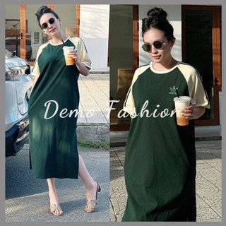 Váy Xuông Dáng Dài Thêu Das Màu Xanh Phối Tay Kẻ Sọc Siêu Hot Freeisze
