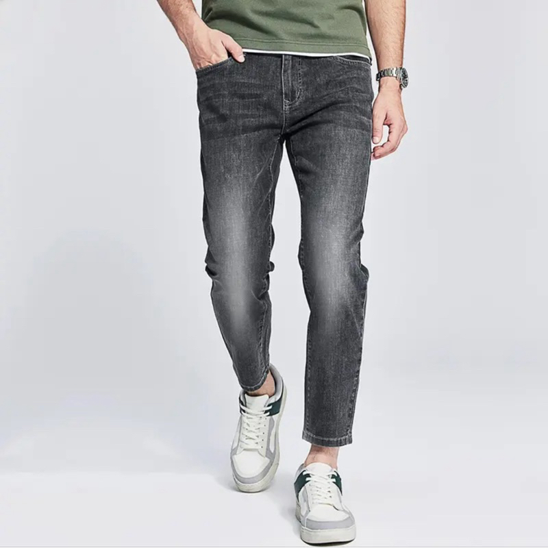 Quần dài jean nam LB, vải jean denim co giãn, màu xám trơn thời trang , phom Slim crop, thoải mái, không bó sát MS054