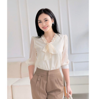 Áo sơ mi nữ cổ nơ công sở 2 lớp kín đáo , lịch sự, trẻ trung , thích hợp mặc sơ vin EMVY- H25