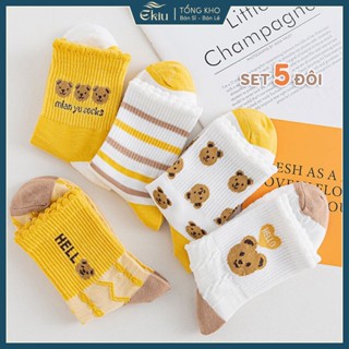 Tất vớ nữ cổ cao bèo nhún họa tiết chú gấu đáng yêu, chất liệu cotton dệt kim thoáng khí - Ekiu Shop