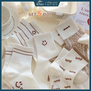 Tất vớ nam nữ cổ cao set 5 đôi họa tiết trẻ trung, chất liệu cotton Hàn Quốc thoáng khí - Ekiu Shop