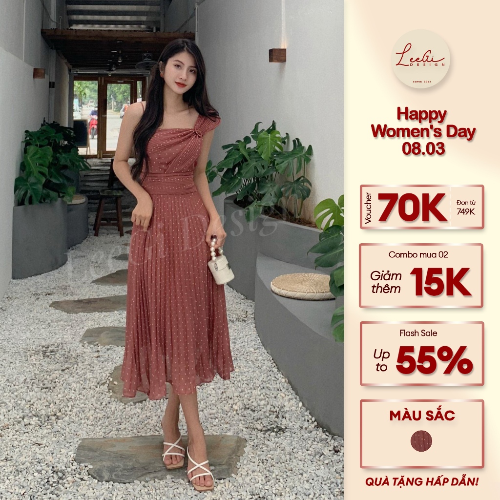 Váy chấm bi lệch vai nâu LeeGi Design dáng dài Min4420