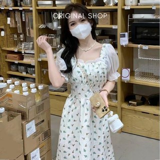 Váy Hoa Nhí Cổ Vuông, Tay Bồng Điệu Đà, Chiết Eo Nhẹ Nhàng, Chiều Dài Váy Midi Phù Hợp Nhiều Vóc Dáng Orighinal Shop