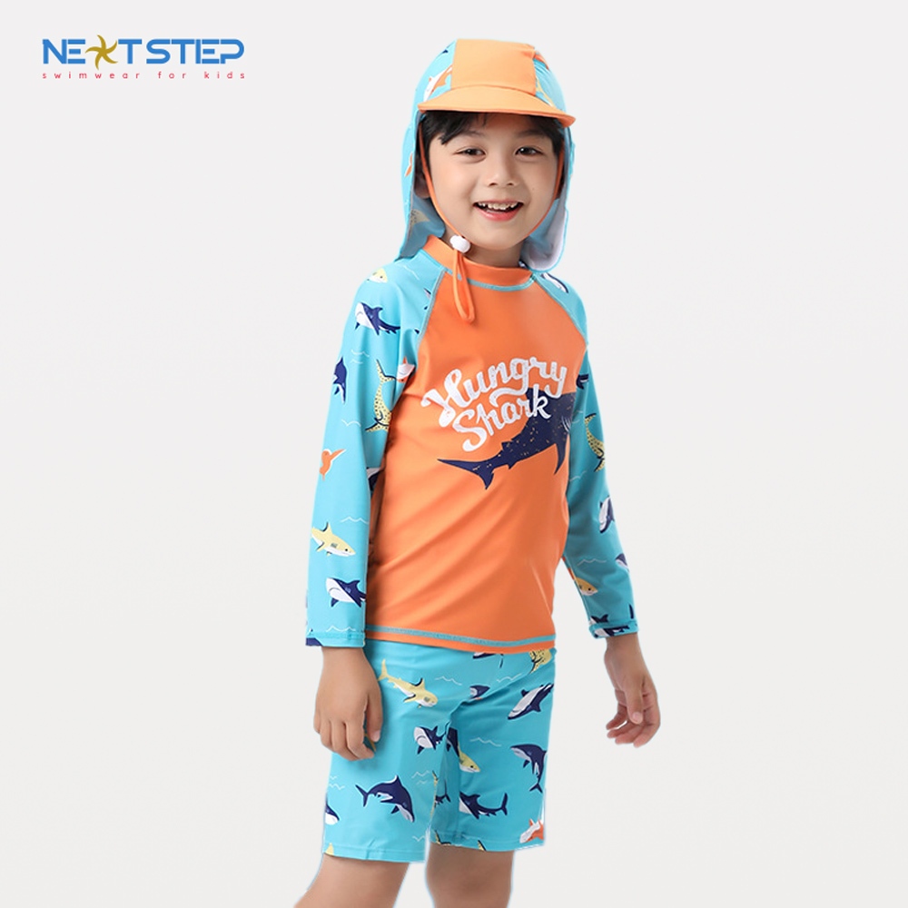 Đồ bơi bé trai họa tiết Cá Mập tay dài kèm nón chống nắng có size cho bé từ 10kg đến 40kg