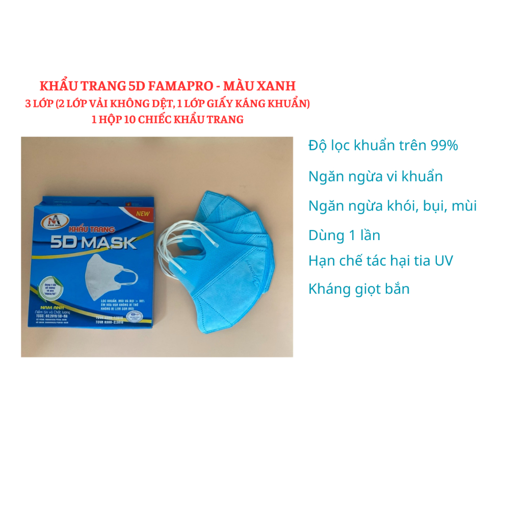 Khẩu Trang Y Tế 5D MASK Quai Thun Nam Anh Famapro Màu Trắng 1 Hộp 10 chiếc