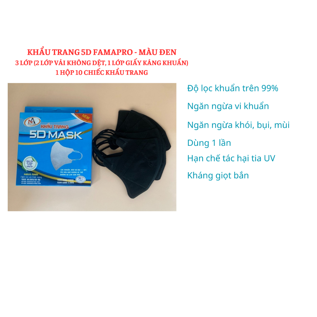 Khẩu Trang Y Tế 5D MASK Quai Thun Nam Anh Famapro Màu Trắng 1 Hộp 10 chiếc