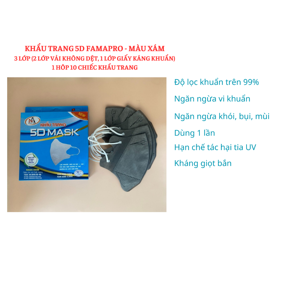 Khẩu Trang Y Tế 5D MASK Quai Thun Nam Anh Famapro Màu Trắng 1 Hộp 10 chiếc
