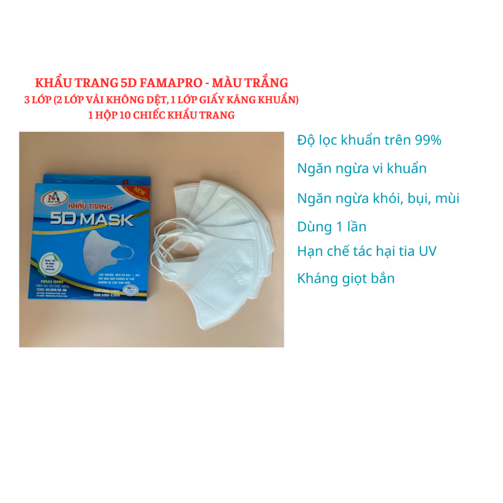 Khẩu Trang Y Tế 5D MASK Quai Thun Nam Anh Famapro Màu Trắng 1 Hộp 10 chiếc