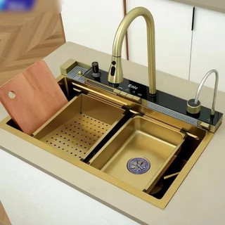 Bồn rửa chén bát 1 ngăn lớn vòi nước thông minh DK3, DK4 mạ vàng Gold