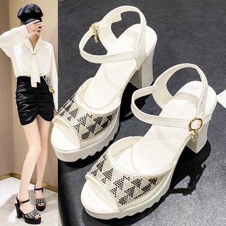 Giày nữ cao gót quai ngang phối đá cao cấp gót vuông 9p - cg57