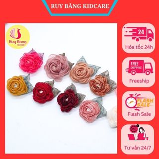 Hoa voan, hoa cài áo, HOA TRÀ VOAN CÓ LÁ Kidcare 4.5cm, hoa dùng làm hoa cài áo, handmade, trang trí tóc, nơ kẹp tóc