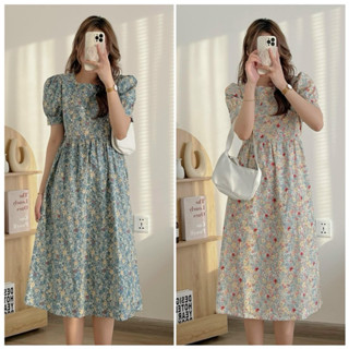 Váy babydoll hoa nhí cổ tròn dáng dài, Đầm hoa nhí vintage tay bồng quảng châu - Molly House Store