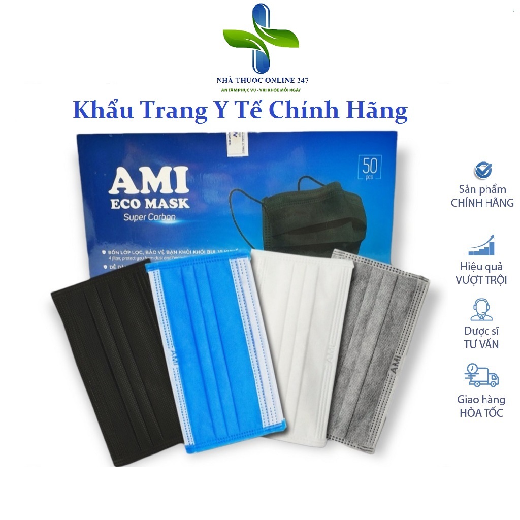 Khẩu trang y tế Ami eco mask, khẩu trang y tế 4 lớp, hộp 50 chiếc chính hãng, màu xanh-xám-đen-trắng