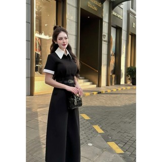 Đầm maxi đen thiết kế cổ sơ mi trắng tay ngắn kèm belt chất tuyết mưa cao cấp phù hợp đi làm đi chơi V202