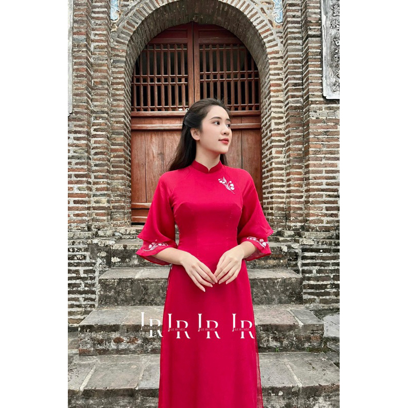 Áo dài đỏ cách tân nữ 4 tà Le renée thiết kế thêu hoa trẻ thủ công phối tay cánh tiên sp001