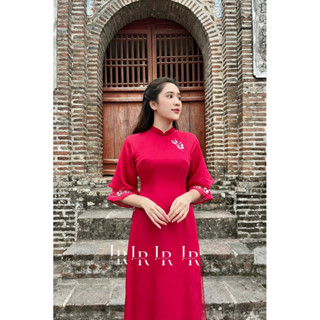 Áo dài đỏ cách tân nữ 4 tà Le renée thiết kế thêu hoa trẻ thủ công phối tay cánh tiên sp001