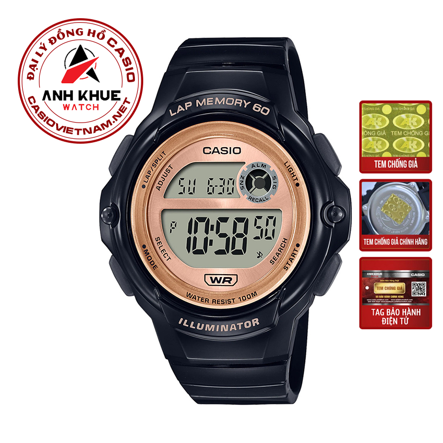 Đồng Hồ Casio Unisex LWS-1200H-1A Dây Nhựa Màu Đen | Viền Màu Vàng Hồng | WR100M | Pin 5 Năm