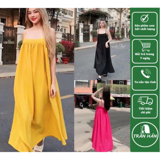 Váy 2 dây maxi dáng babydoll đũi gân có dây điều chỉnh form rộng mặc hè đi biển 8029 Trần Hân Shop