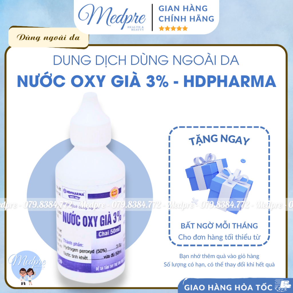 Nước Oxy Già 3% - HDPharma - Làm sạch ngoài da, bước đầu tiên trước khi dùng dung dịch ngoài da - Medpre