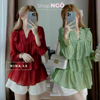 Set bộ áo bèo tầng mix quần đùi set tay phồng cổ v, set đùi nữ, quần short kèm ảnh thật sàn