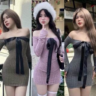 Đầm len trễ vai tay dài phối nơ ruy băng cá tính vải len mềm ôm dáng tôn đường cong - D037