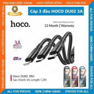 Cáp sạc 3in1 hoco du02 l.p/type-c/micro sạc nhanh 3a dây dù siêu bền dài 1.2m cho smartphone