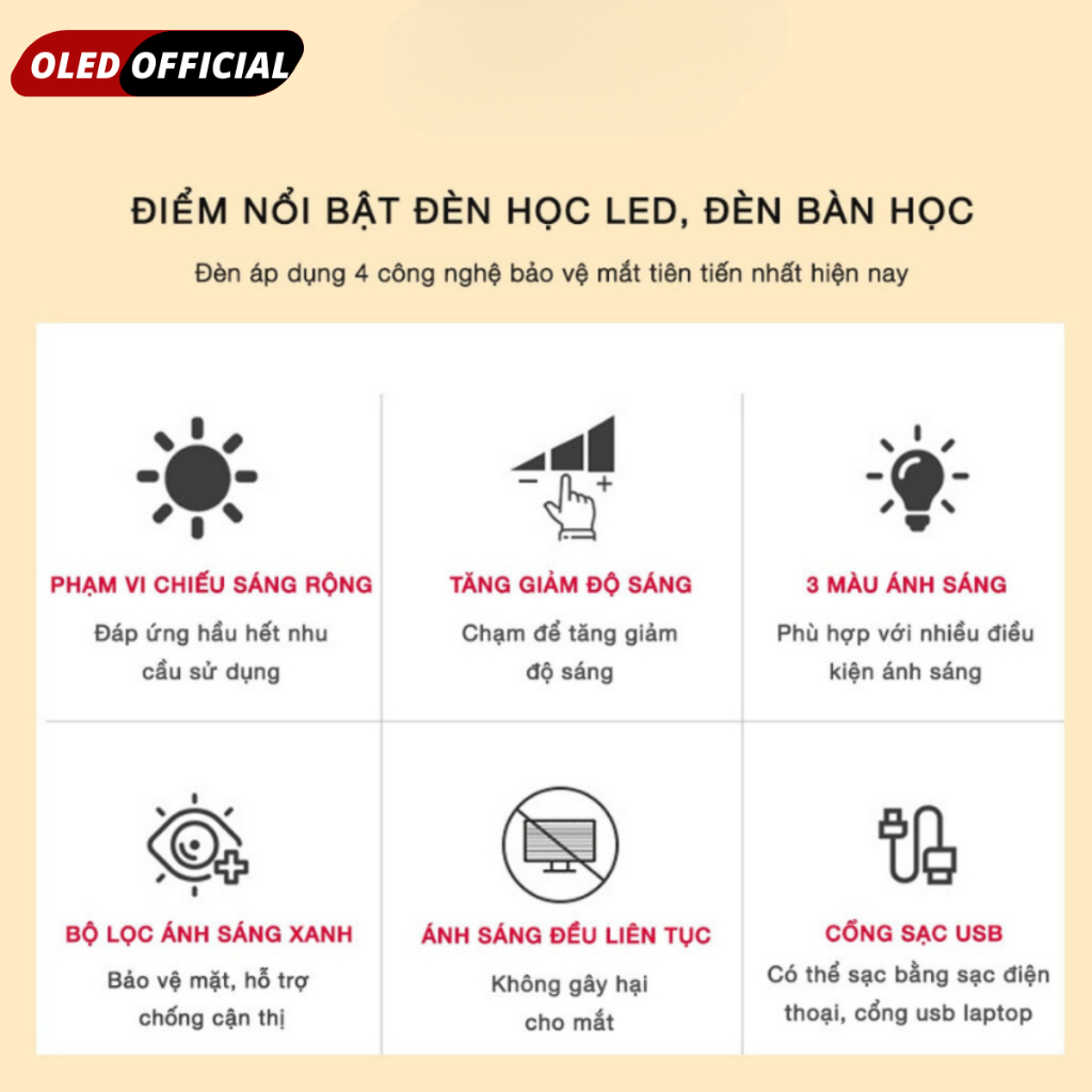 Đèn led học để bàn hợp kim OLED OFFICIAL làm việc cảm ứng thông minh 3 chế