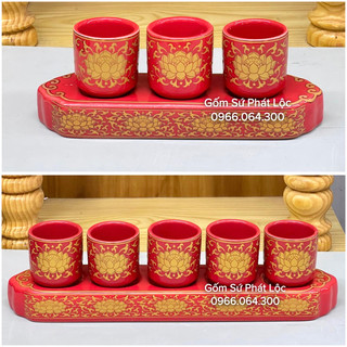 Bộ kỷ 3 chén nước màu đỏ gấm cao cấp, kỷ 3 chén/ 5 chén nước thờ cúng