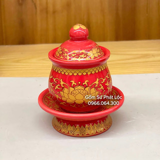 Chung nước có nắp màu đỏ thờ cúng, chén nước có nắp trưng ban thờ