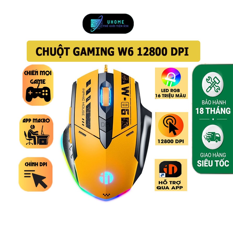 Chuột máy tính có dây UHOME W6 gaming 6 nút có app điều chỉnh 12800 DPI led RGB hỗ trợ macro ghìm tâ