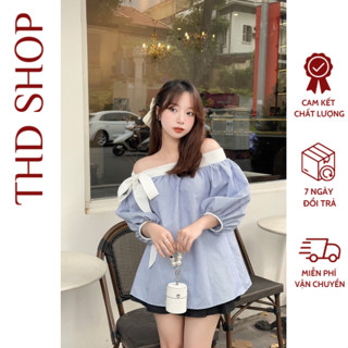 Áo trễ vai thắt nơ lệch tay bồng vải kẻ xinh xắn, áo sơ mi nữ phù hợp đi làm đi chơi
