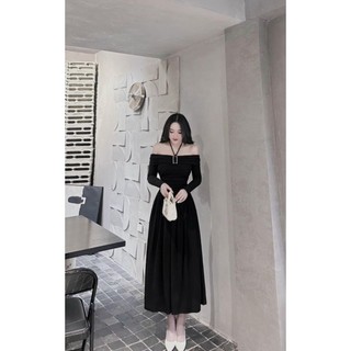 Đầm thời trang nữ mặc đi du lịch chất thun gân lạnh trễ vai tay dài bo chéo dây cổ kèm đai giả váy xoè maxi 3 màu.