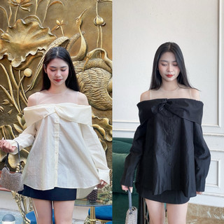 Aó sơ mi trễ vai pha lưới xoắn ngực sang chảnh