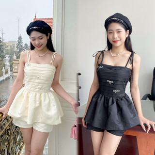 Set áo hai dây xếp ly ngực tùng xòe chất tafta 2 lớp có mút ngực + quần short ngắn [B004]