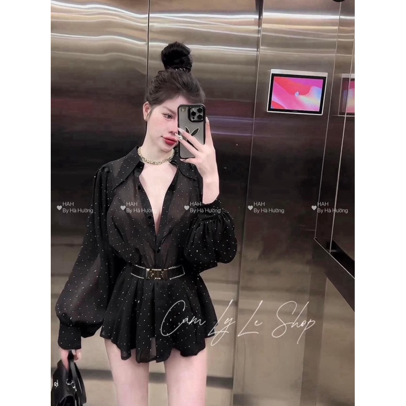 Áo sơmi voan mỏng đính đá dáng rộng xinh sang kèm đai miu