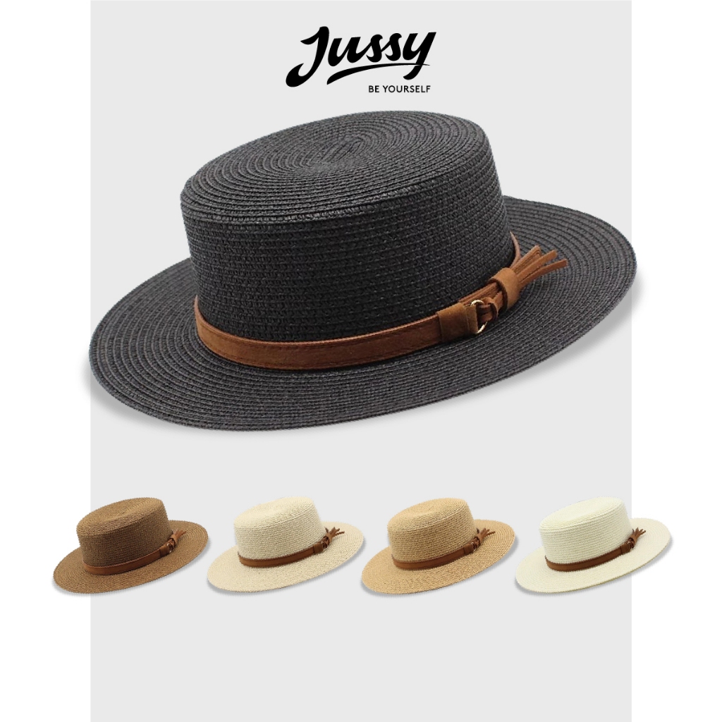 Mũ Cói Boater Nơ Da Pu Cao Cấp JCB09 Jusy Fashion Nón Cói Rộng Vành Phối Đai Nơ Xinh Xắn Form Chuẩn Đẹp