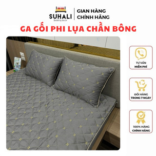 Ga gối phi lụa chần bông - bộ 3 món ga giường chun trần kèm 2 vỏ gối