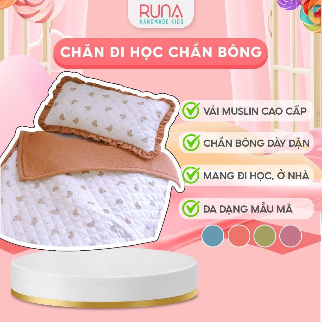 Bộ chăn đi học cho bé vải xô Muslin 5 lớp cao cấp RUNA Kids có chần bông an toàn, ấm áp