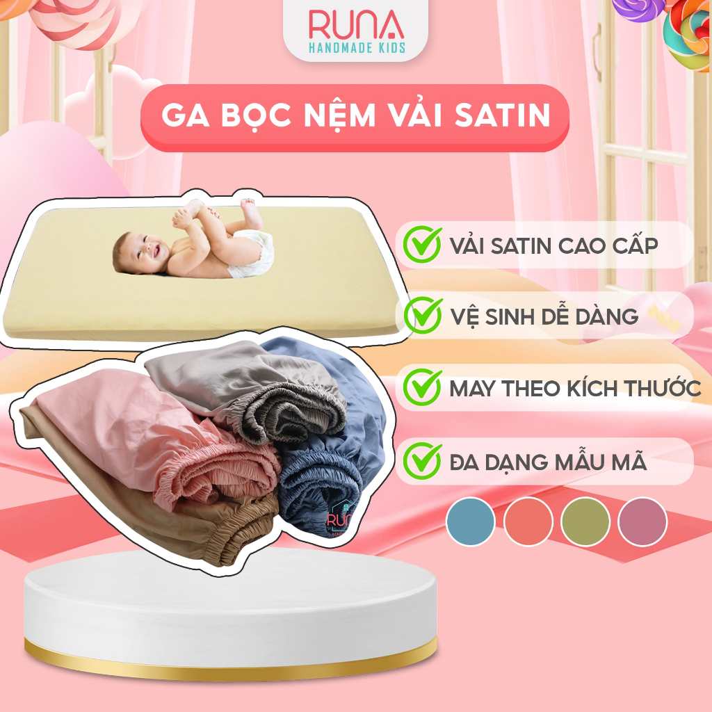 Ga cũi cho bé ga trải giường cho bé Runa Kids chất liệu Satin cao cấp mềm mướt siêu thoáng mát nằm mùa hè an toàn cho da